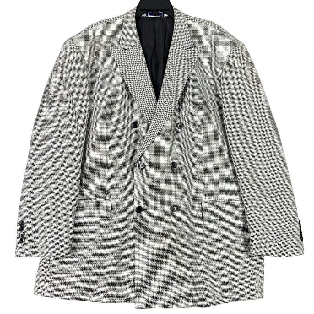 Paul Fredrick Double Breasted Wool Blazer Mens 52R Micro Check Peak Lapel Formal